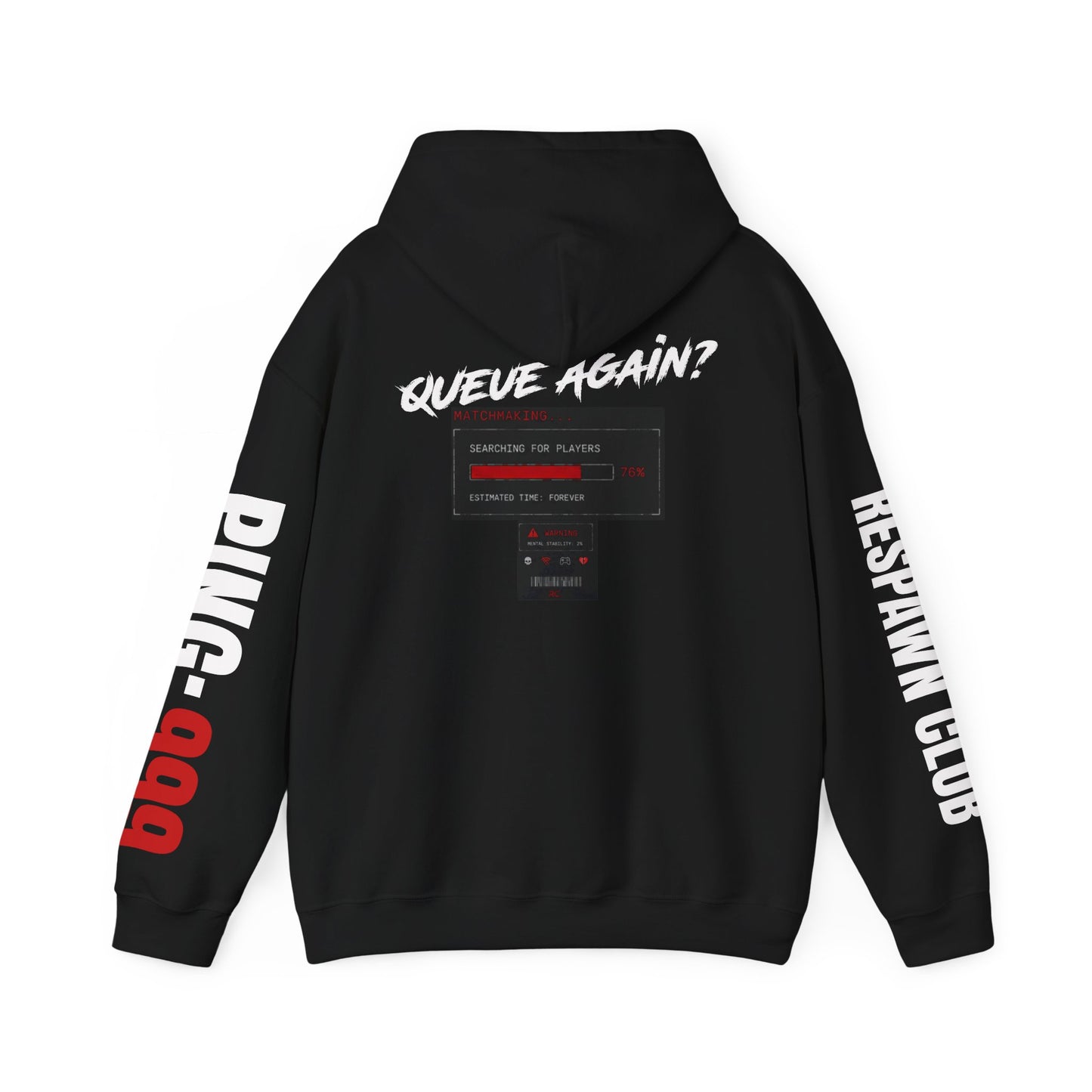 Respawn Club Hoodie — "Queue Again?" Gaming Pullover with Ping 999 Sleeve