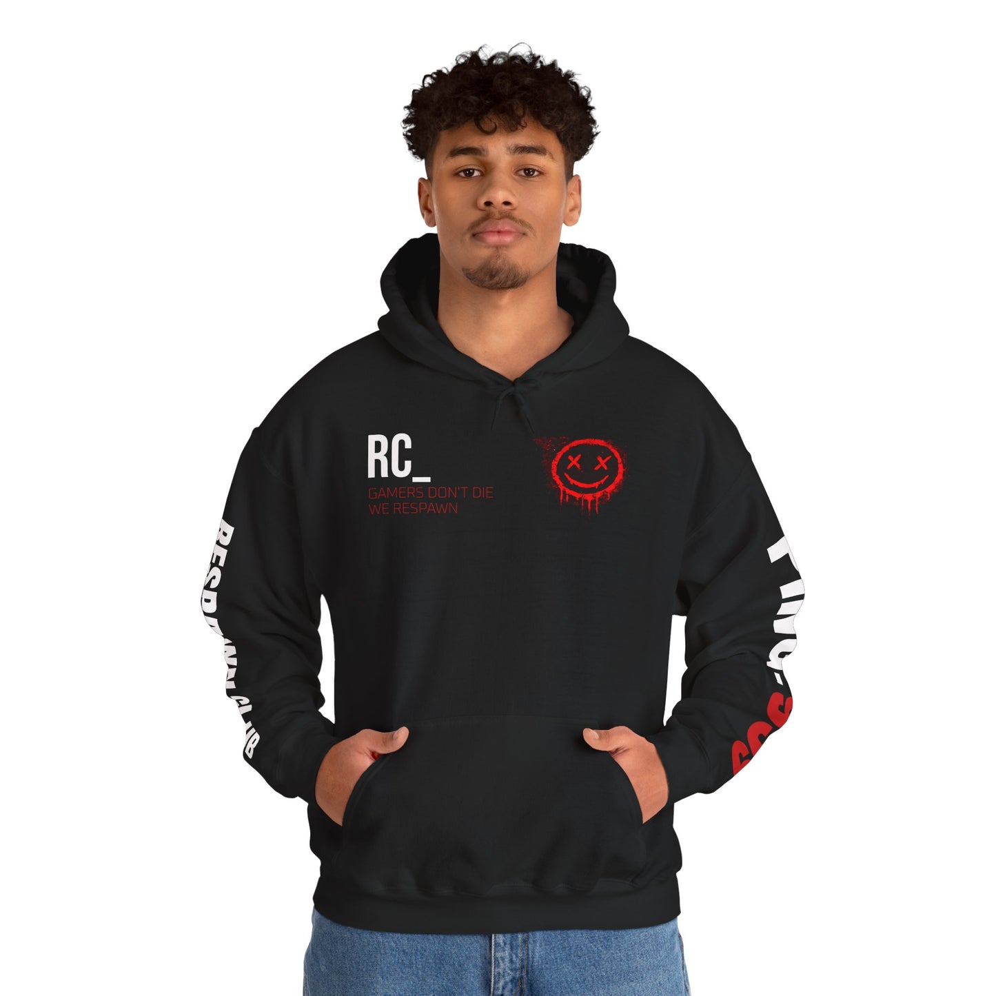 Respawn Club Hoodie — "Queue Again?" Gaming Pullover with Ping 999 Sleeve