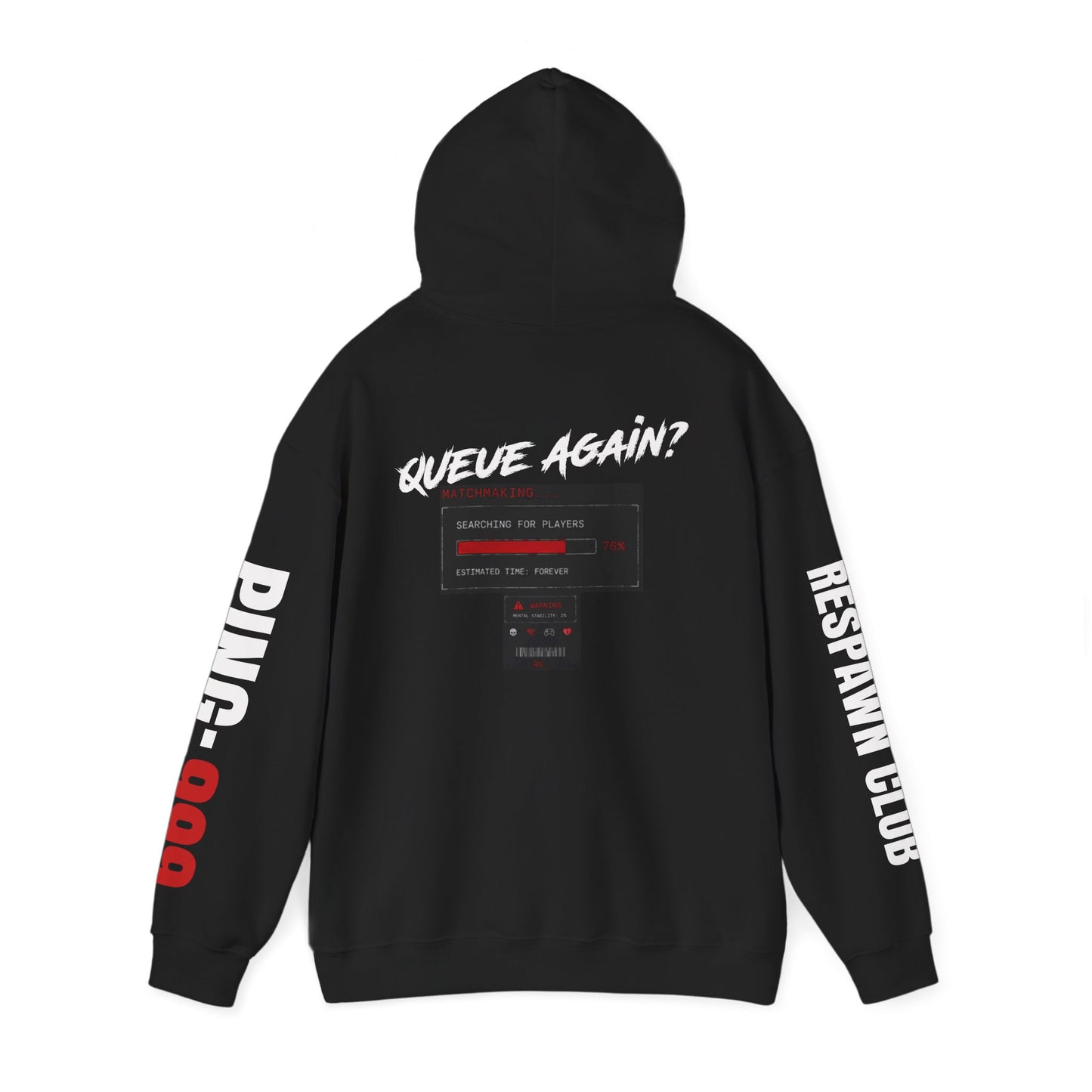 Respawn Club Hoodie — "Queue Again?" Gaming Pullover with Ping 999 Sleeve