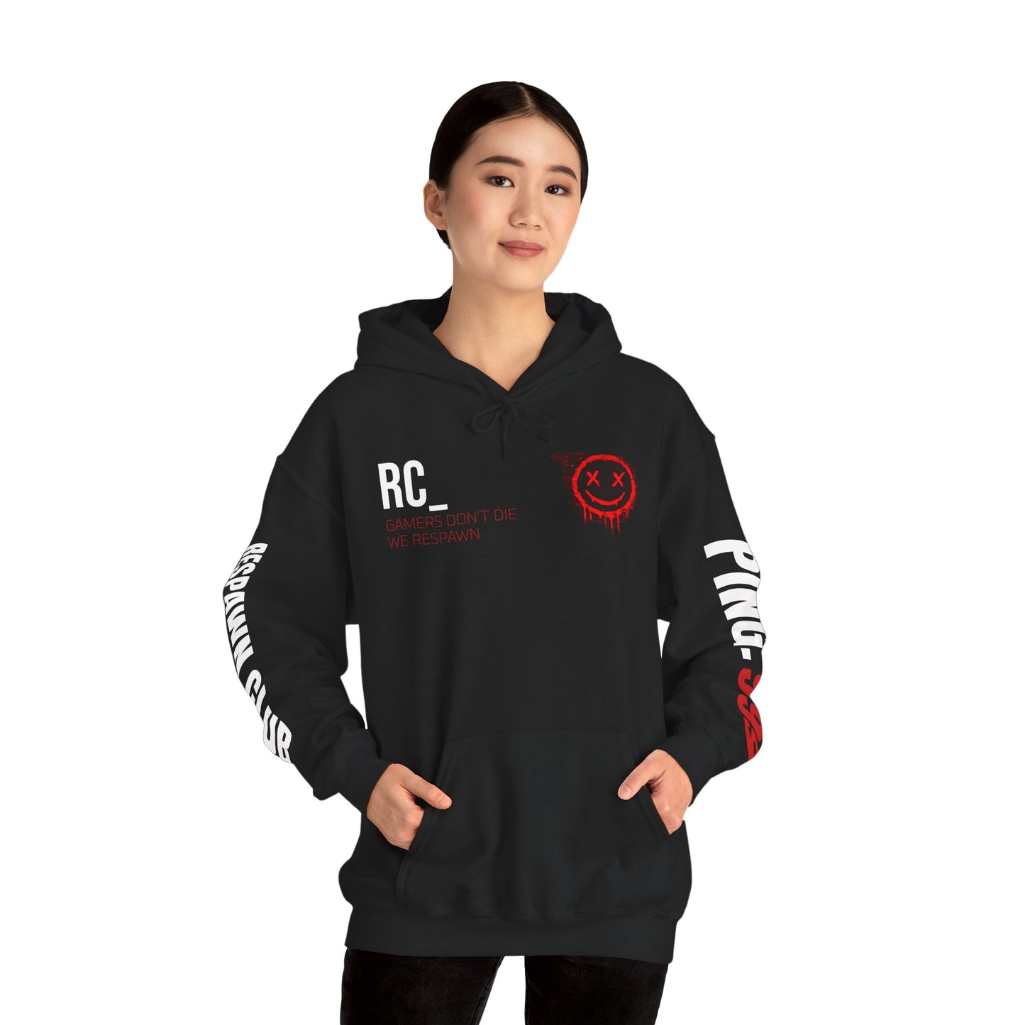 Respawn Club Hoodie — "Queue Again?" Gaming Pullover with Ping 999 Sleeve